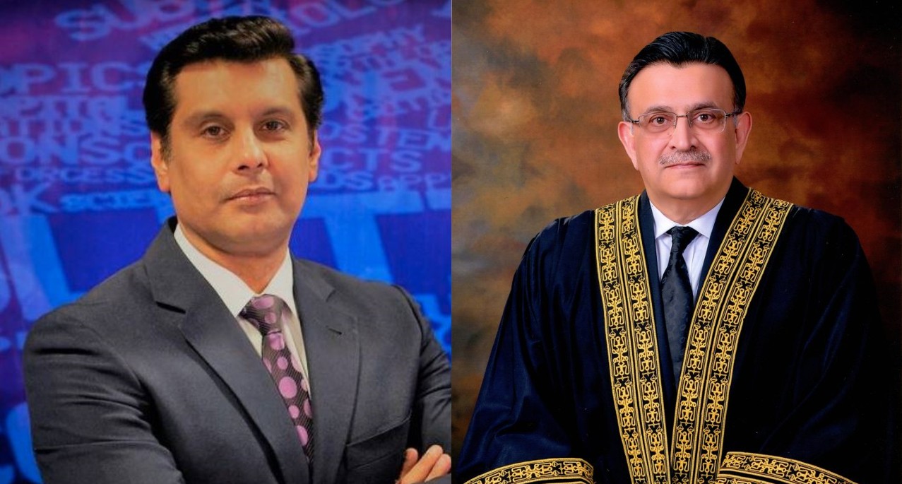 Chief Justice of Pakistan (CJP) Umar Atta Bandial, right (photo courtesy of supremecourt.gov.pk) and slain journalist Arshad Sharif, left (photo courtesy of APP).